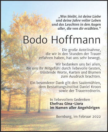 Traueranzeige von Bodo Hoffmann von Trauerkombi Bernburg