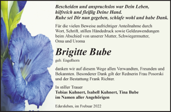 Traueranzeige von Brigitte Bube von Trauerkombi Sangerhausen