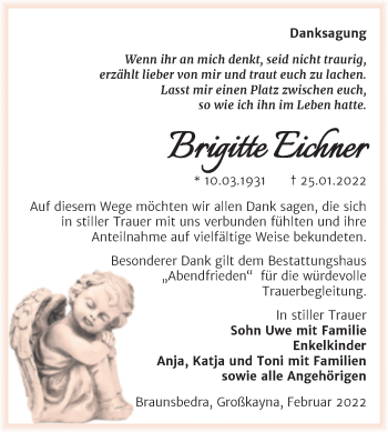 Traueranzeige von Brigitte Eichner von Trauerkombi Merseburg