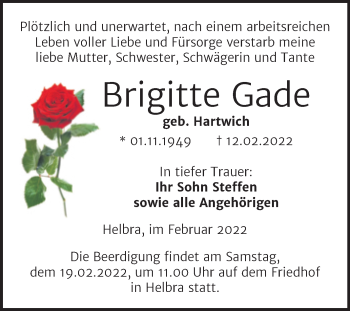 Traueranzeige von Brigitte Gade von Mitteldeutsche Zeitung Mansfelder Land