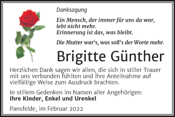 Traueranzeige von Brigitte Günther von Trauerkombi Quedlinburg