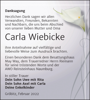 Traueranzeige von Carla Wiebicke von Trauerkombi Weißenfels