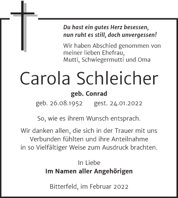 Traueranzeige von Carola Schleicher von Trauerkombi Bitterfeld