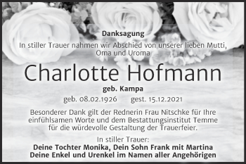 Traueranzeige von Charlotte Hofmann von Wochenspiegel Bitterfeld