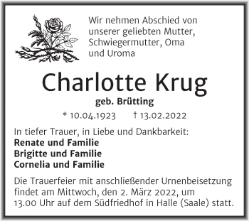 Traueranzeige von Charlotte Krug von Mitteldeutsche Zeitung Halle/Saalkreis
