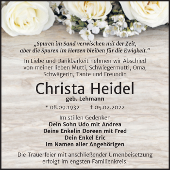 Traueranzeige von Christa Heidel von Trauerkombi Bitterfeld