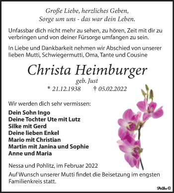 Traueranzeige von Christa Heimburger von Trauerkombi Weißenfels