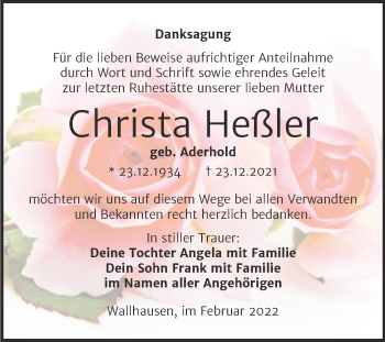 Traueranzeige von Christa Heßler von Trauerkombi Sangerhausen
