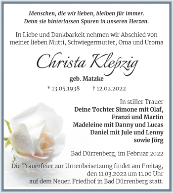 Traueranzeige von Christa Klepzig von Trauerkombi Merseburg