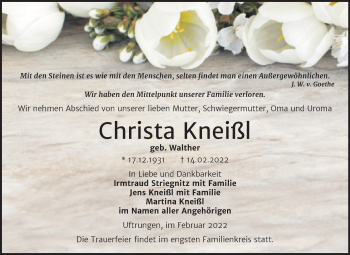 Traueranzeige von Christa Kneißl von Trauerkombi Sangerhausen
