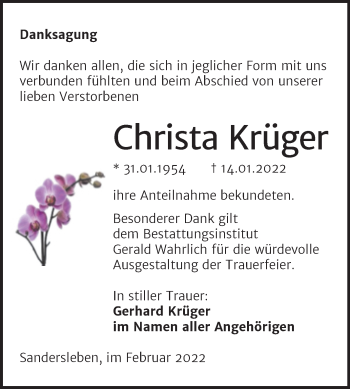 Traueranzeige von Christa Krüger von Trauerkombi Mansfelder Land