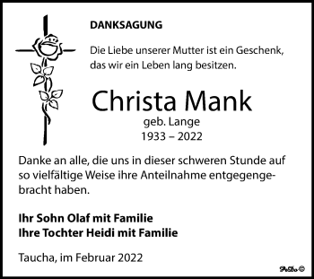 Traueranzeige von Christa Mank von Trauerkombi Weißenfels