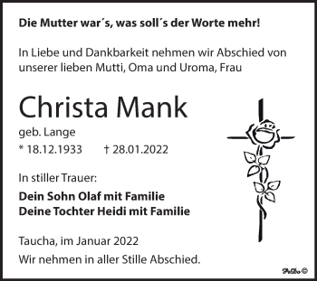 Traueranzeige von Christa Mank von Trauerkombi Weißenfels