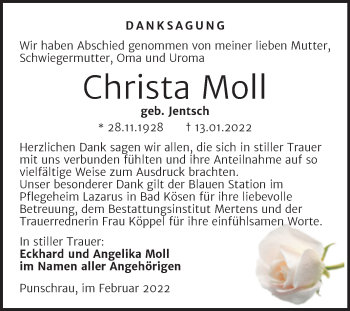 Traueranzeige von Christa Moll von Wochenspiegel Naumburg/Nebra