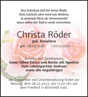 Traueranzeige von Christa Röder von Trauerkombi Bitterfeld