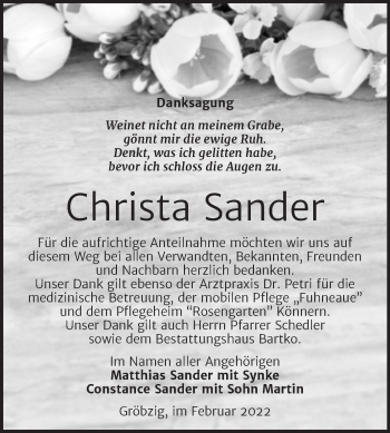 Traueranzeige von Christa Sander von Trauerkombi Köthen
