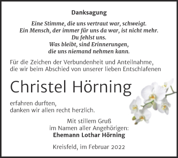 Traueranzeige von Christel Hörning von Trauerkombi Mansfelder Land
