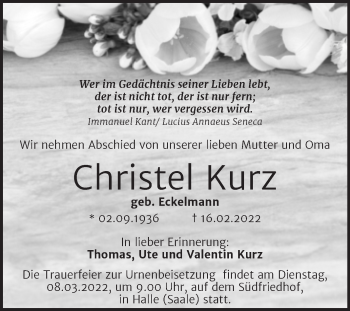 Traueranzeige von Christel Kurz von Mitteldeutsche Zeitung Merseburg/Querfurt