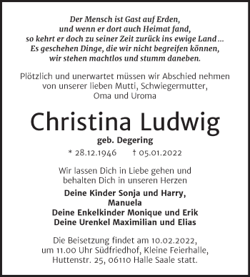 Traueranzeige von Christina Ludwig von Mitteldeutsche Zeitung Halle/Saalkreis