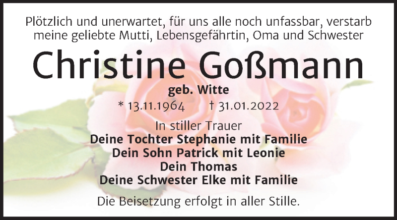  Traueranzeige für Christine Goßmann vom 12.02.2022 aus Trauerkombi Dessau