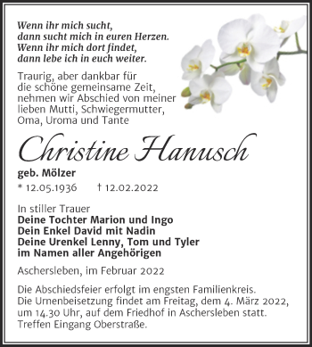 Traueranzeige von Christine Hanusch von Trauerkombi Aschersleben