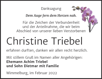 Traueranzeige von Christine Triebel von Trauerkombi Mansfelder Land