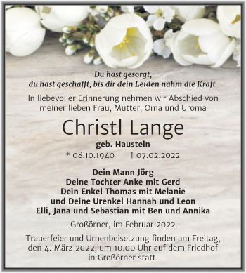 Traueranzeige von Christl Lange von Trauerkombi Mansfelder Land