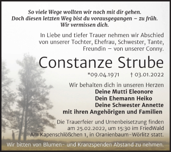 Traueranzeige von Constanze Strube von Trauerkombi Dessau