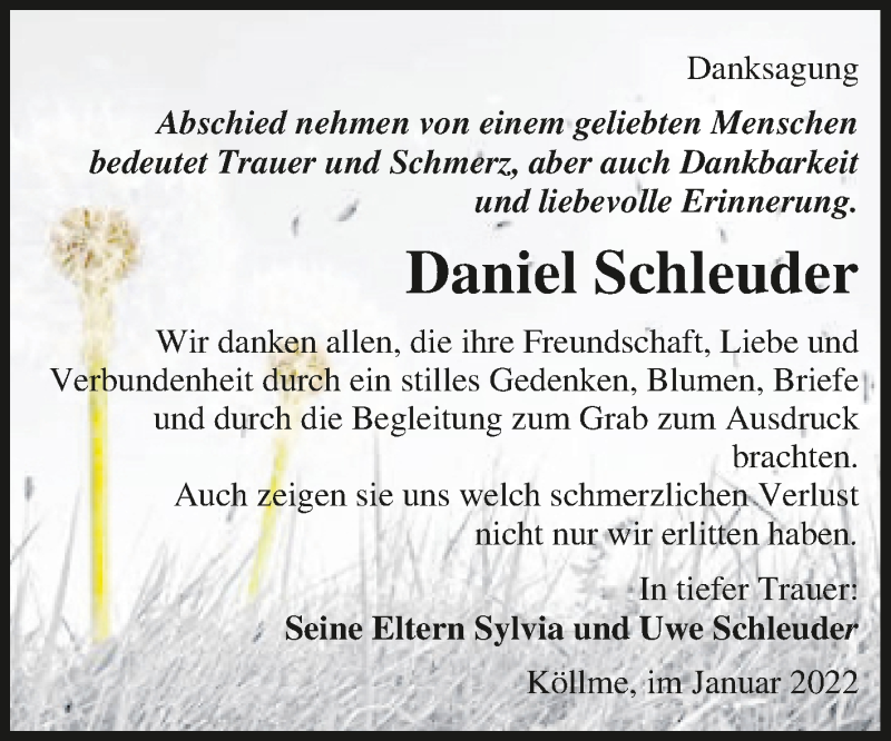  Traueranzeige für Daniel Schleuder vom 05.02.2022 aus Mitteldeutsche Zeitung Halle/Saalkreis