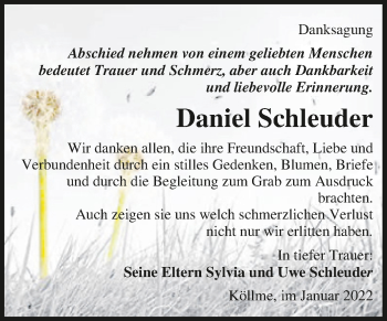 Traueranzeige von Daniel Schleuder von Mitteldeutsche Zeitung Halle/Saalkreis