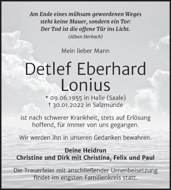 Traueranzeige von Detlef Eberhard Lonius von Mitteldeutsche Zeitung Halle/Saalkreis