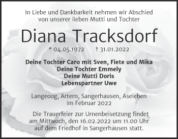 Traueranzeige von Diana Tracksdorf von Trauerkombi Sangerhausen