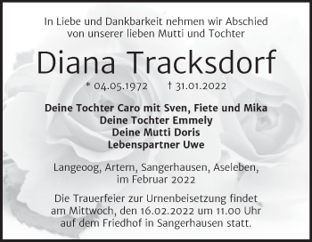 Traueranzeige von Diana Tracksdorf von Trauerkombi Mansfelder Land