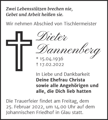 Traueranzeige von Dieter Dannenberg von Trauerkombi Wittenberg