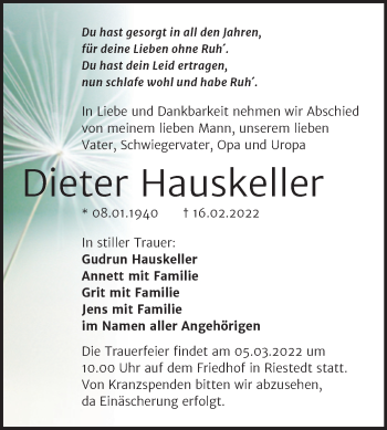 Traueranzeige von Dieter Hauskeller von Trauerkombi Sangerhausen
