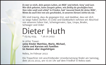 Traueranzeige von Dieter Huth von Wochenspiegel Naumburg/Nebra