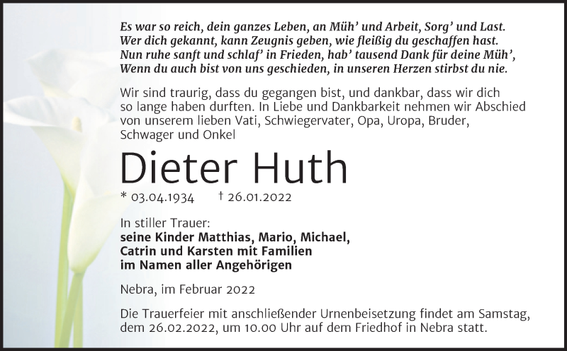  Traueranzeige für Dieter Huth vom 09.02.2022 aus Wochenspiegel Naumburg/Nebra