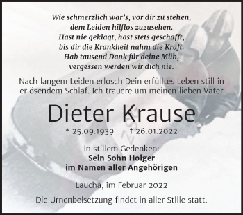 Traueranzeige von Dieter Krause von Wochenspiegel Naumburg/Nebra