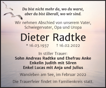 Traueranzeige von Dieter Radtke von Trauerkombi Mansfelder Land
