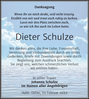 Traueranzeige von Dieter Schulze von Mitteldeutsche Zeitung Halle/Saalkreis