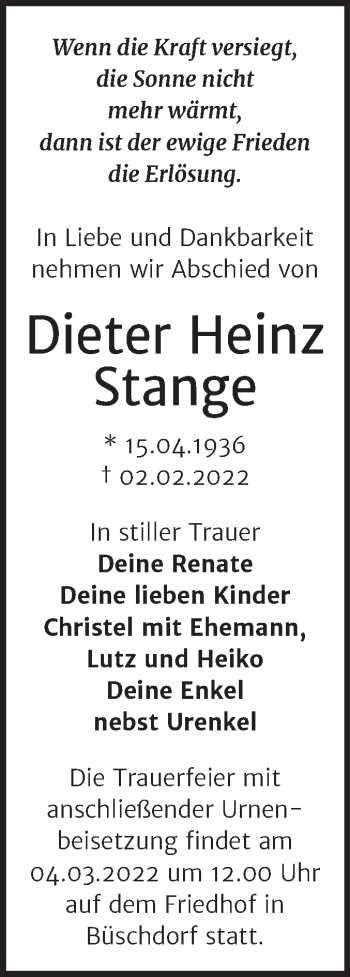 Traueranzeige von Dieter Heinz Stange von Mitteldeutsche Zeitung Halle/Saalkreis