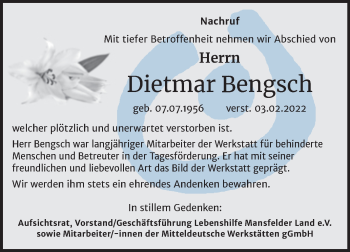 Traueranzeige von Dietmar Bengsch von Mitteldeutsche Zeitung Mansfelder Land