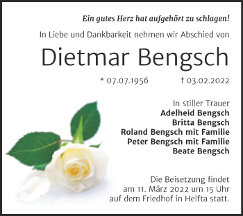 Traueranzeige von Dietmar Bengsch von Trauerkombi Mansfelder Land