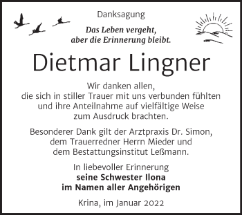 Traueranzeige von Dietmar Lingner von Trauerkombi Bitterfeld