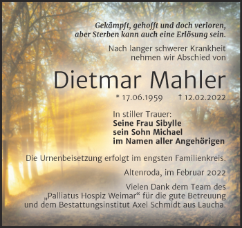 Traueranzeige von Dietmar Mahler von Wochenspiegel Naumburg/Nebra
