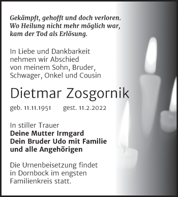 Traueranzeige von Dietmar Zosgornik von Trauerkombi Köthen