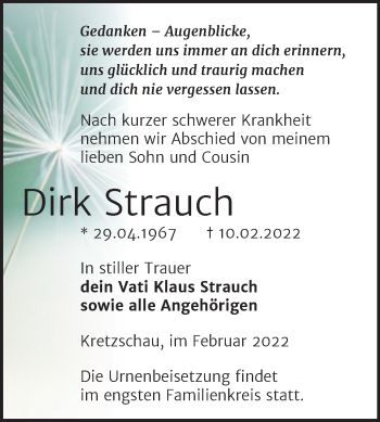 Traueranzeige von Dirk Strauch von Trauerkombi Zeitz