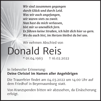 Traueranzeige von Donald Reis von Trauerkombi Sangerhausen