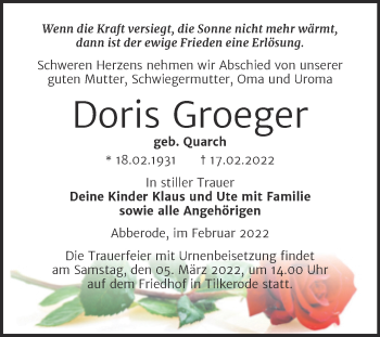 Traueranzeige von Doris Groeger von Trauerkombi Mansfelder Land