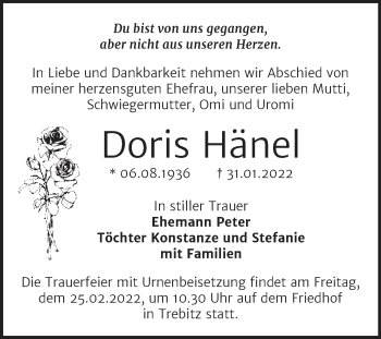 Traueranzeige von Doris Hänel von Trauerkombi Bernburg